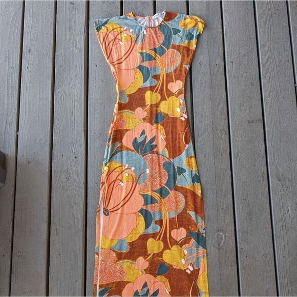 Zara Colorful Retro Floral Maxi Dress, Multicolored Knit Side‎ Cutout Small Size - Picture 5 of 12